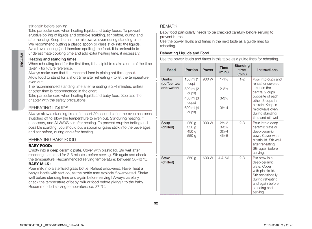 Samsung MC32F604TCT/LI manual Reheating Liquids, Reheating Baby Food, Remark, Stir again before serving 