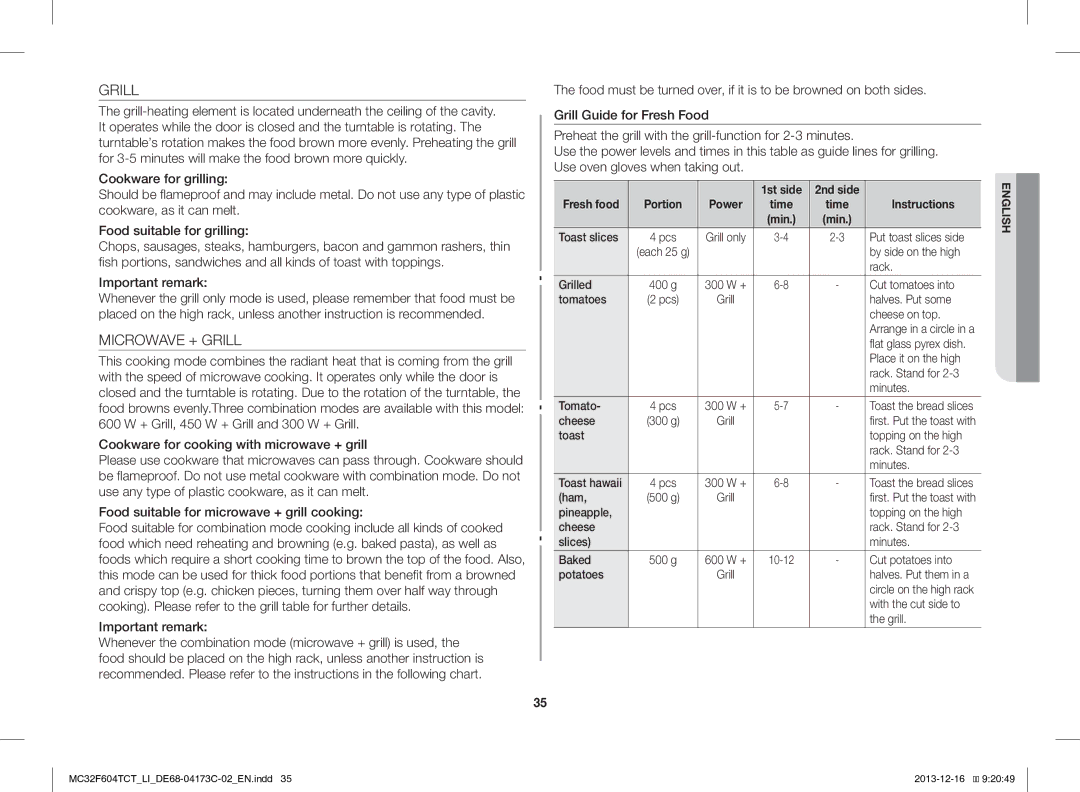 Samsung MC32F604TCT/LI manual Microwave + Grill, 1st side, Fresh food 