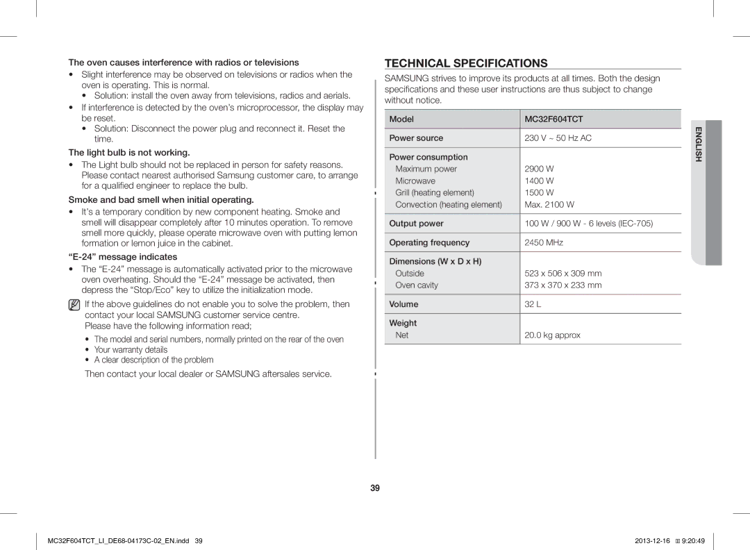 Samsung MC32F604TCT/LI manual Technical Specifications, Model 