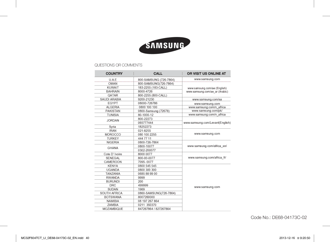 Samsung MC32F604TCT/LI manual Code No. DE68-04173C-02 