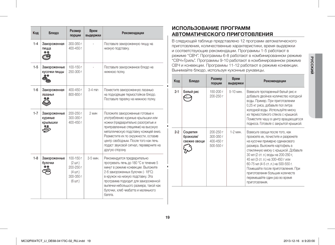 Samsung MC32F604TCT/LI manual Использование Программ Автоматического Приготовления 