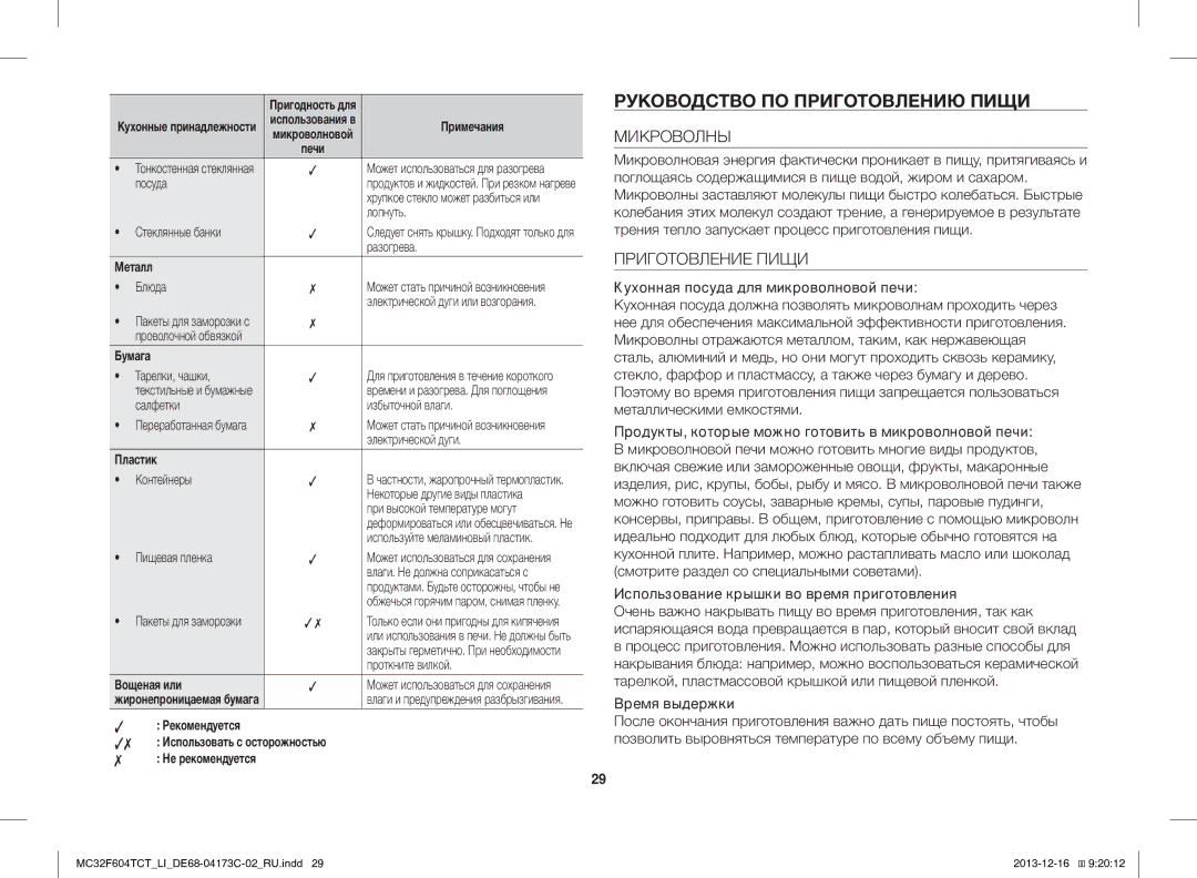 Samsung MC32F604TCT/LI manual Руководство ПО Приготовлению Пищи, Микроволны, Приготовление Пищи, Время выдержки 