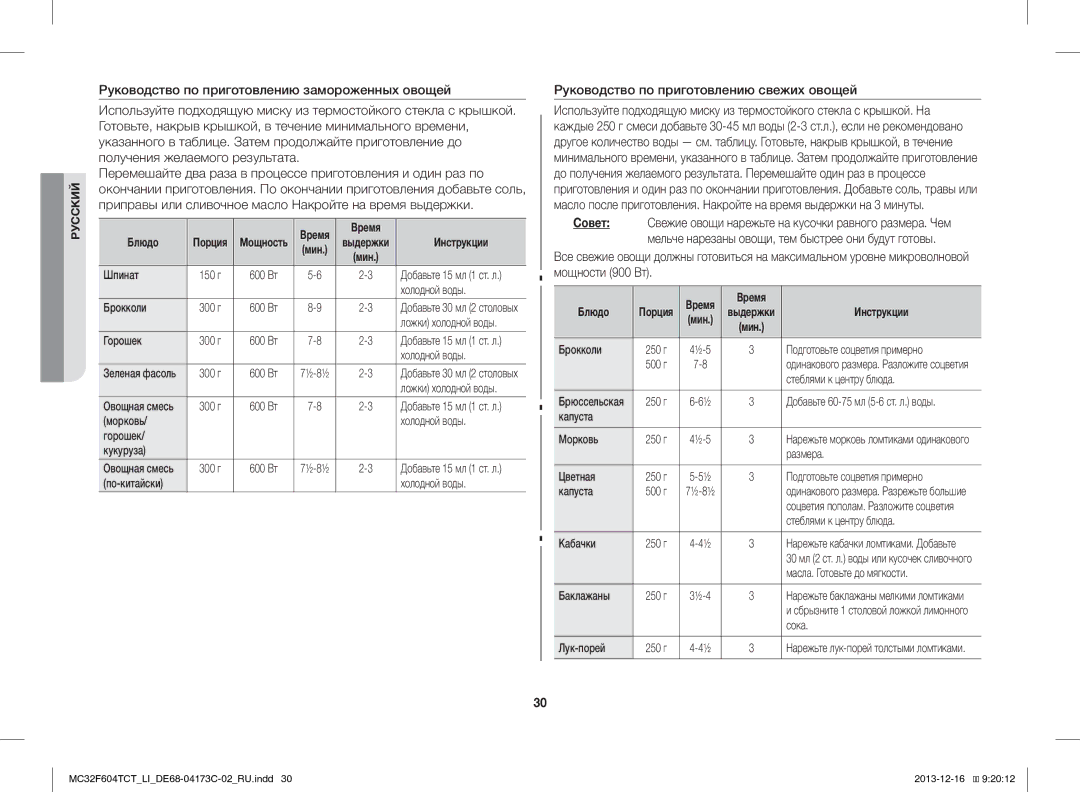 Samsung MC32F604TCT/LI manual Руководство по приготовлению свежих овощей, Время Блюдо, Инструкции 