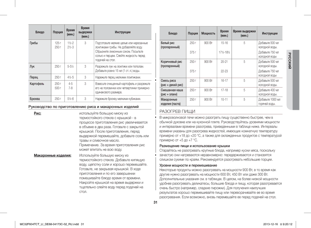 Samsung MC32F604TCT/LI manual Разогрев Пищи, Рис 