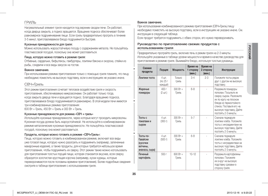 Samsung MC32F604TCT/LI manual Гриль, Кухонные принадлежности для гриля, Пища, которую можно готовить в режиме гриля 