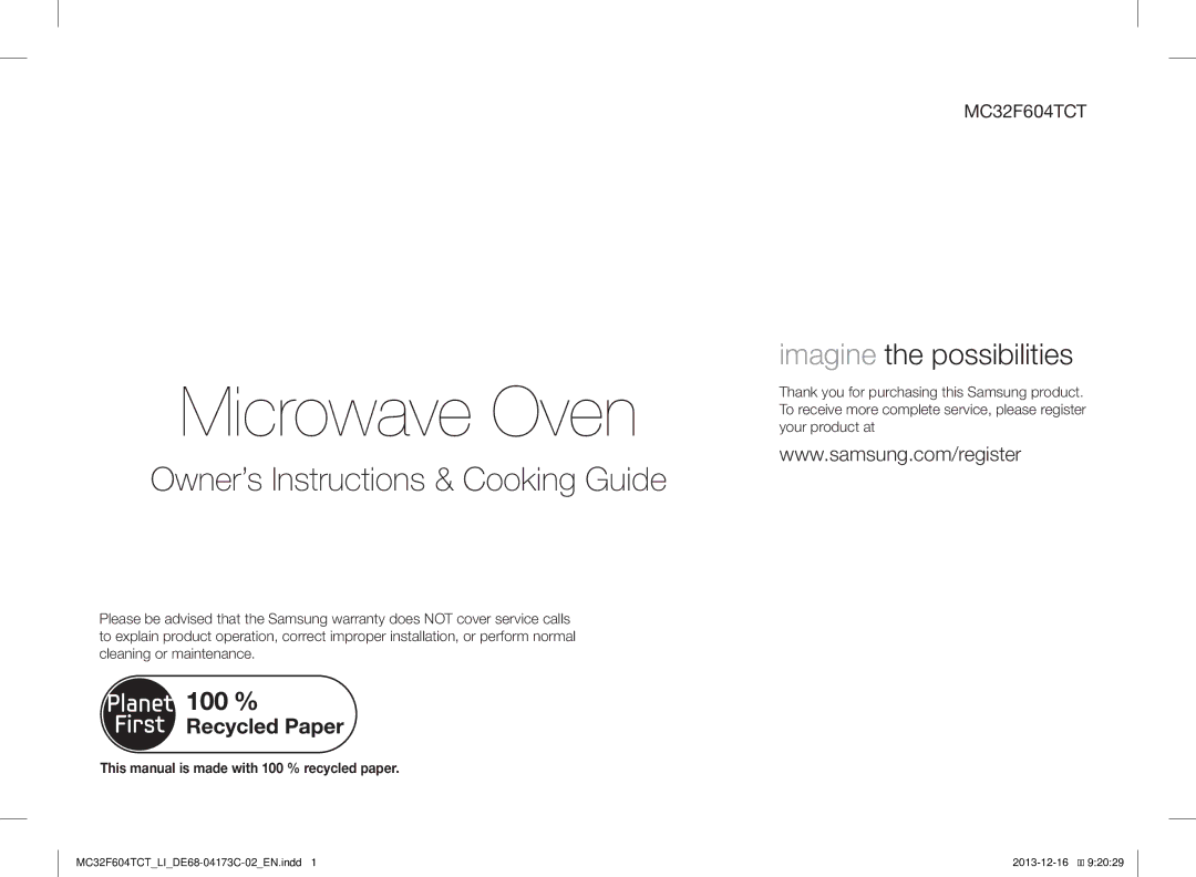 Samsung MC32F604TCT/LI Microwave Oven, This manual is made with 100 % recycled paper 