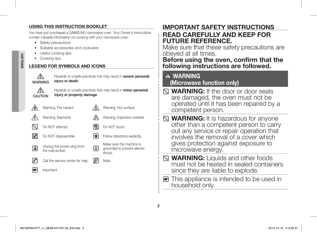 Samsung MC32F604TCT/LI manual Injury or death 