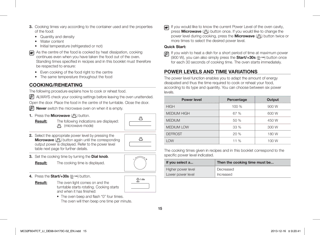 Samsung MC32F604TCT/LI manual Cooking/Reheating, Power Levels and Time Variations, Quick Start 