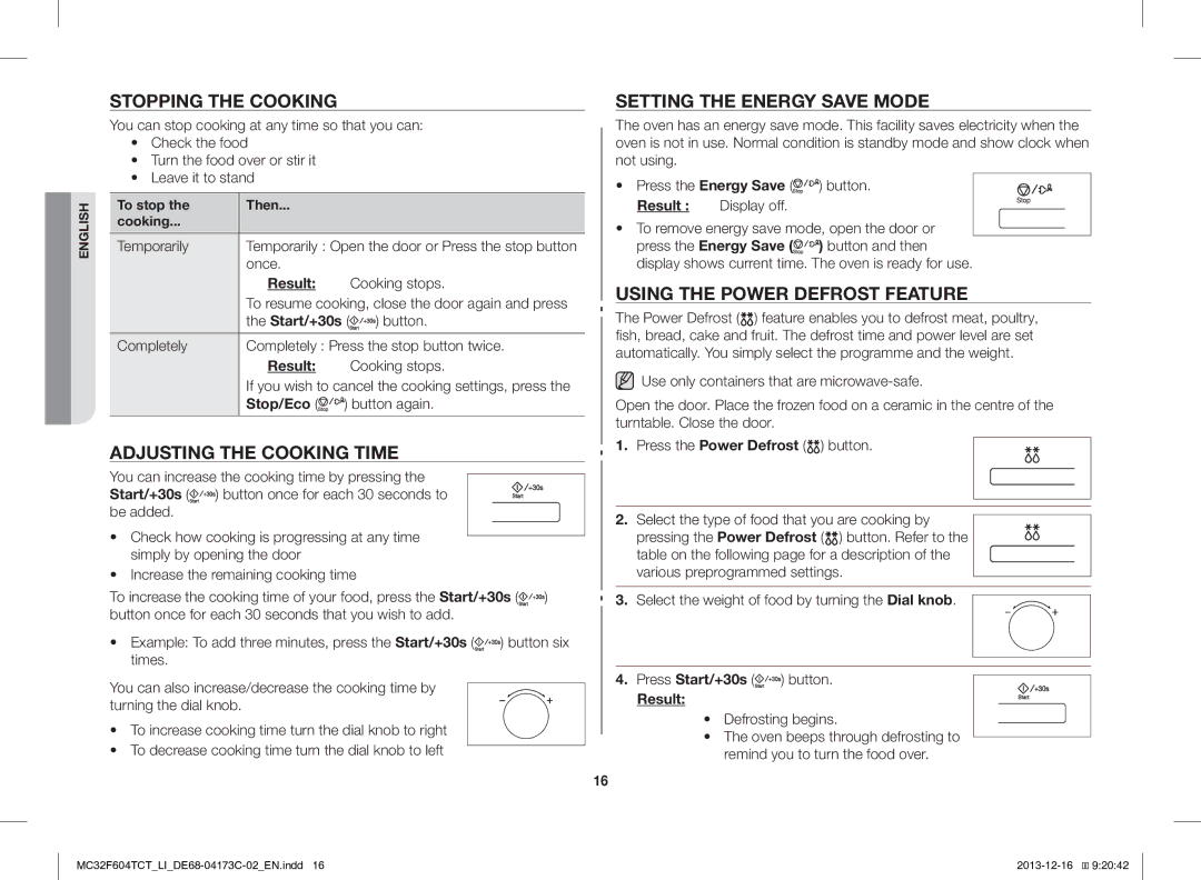 Samsung MC32F604TCT/LI manual Stopping the Cooking, Adjusting the Cooking Time, Setting the Energy Save Mode 