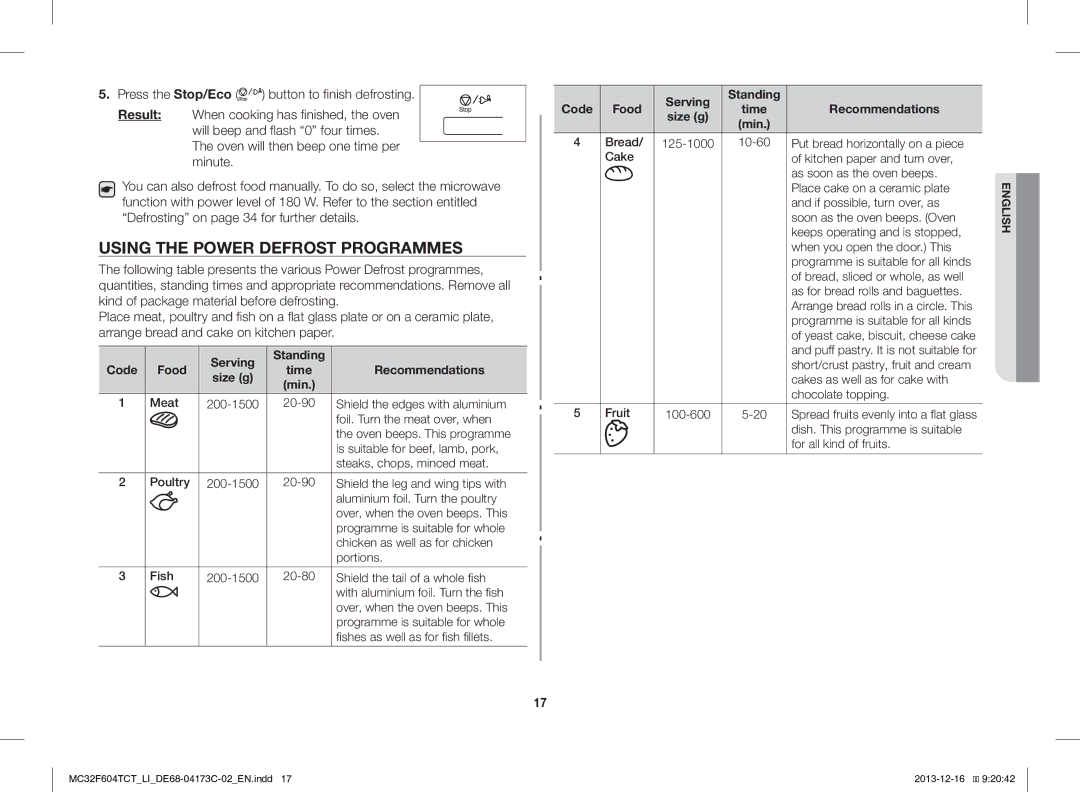 Samsung MC32F604TCT/LI manual Using the Power Defrost Programmes, Serving Standing Code Food Time Recommendations, Min 