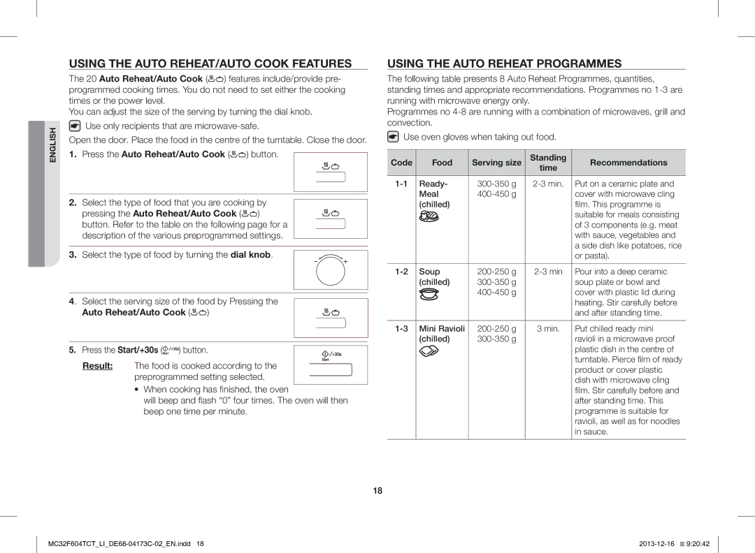 Samsung MC32F604TCT/LI manual Using the Auto REHEAT/AUTO Cook Features, Using the Auto Reheat Programmes 