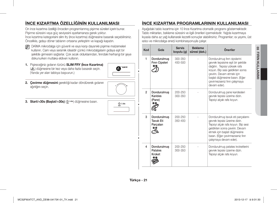 Samsung MC32F604TCT/ND manual İnce Kizartma Özelliğinin Kullanilmasi, İnce Kizartma Programlarinin Kullanilmasi 