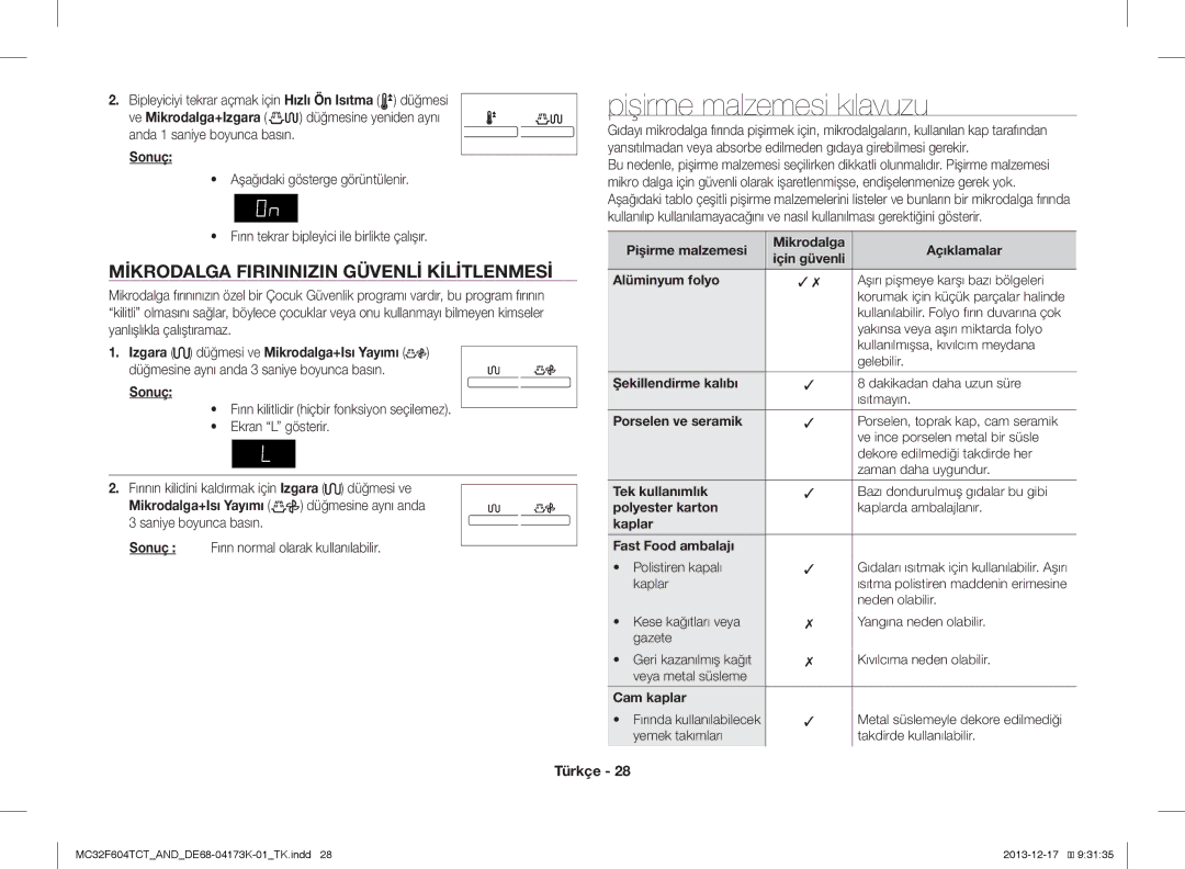 Samsung MC32F604TCT/ND manual Pişirme malzemesi kılavuzu, Mikrodalga Firininizin Güvenli Kilitlenmesi 