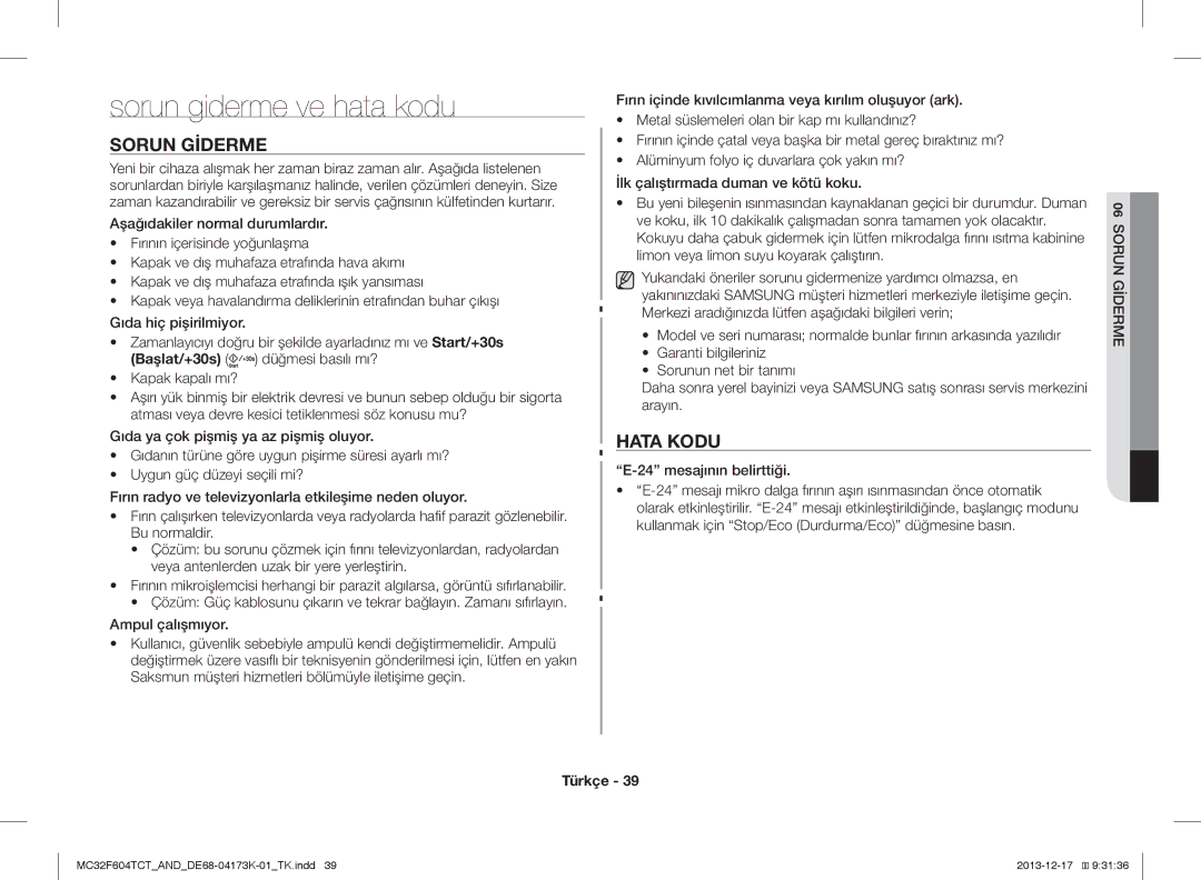 Samsung MC32F604TCT/ND manual Sorun giderme ve hata kodu, Sorun Giderme, Hata Kodu 