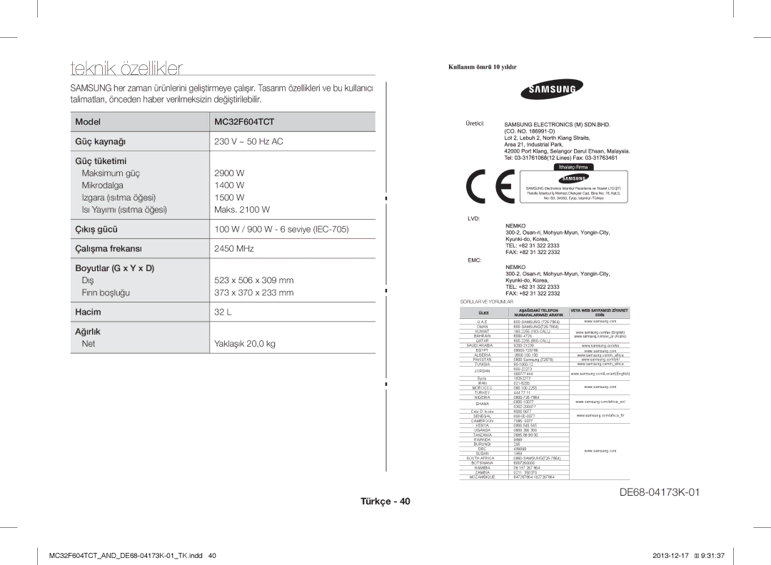 Samsung MC32F604TCT/ND manual Teknik özellikler, Model 