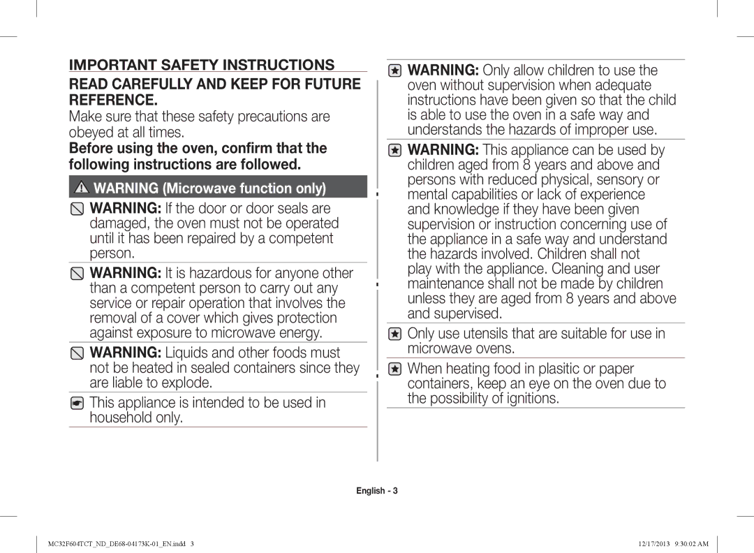 Samsung MC32F604TCT/ND manual Read Carefully and Keep for Future Reference, English 