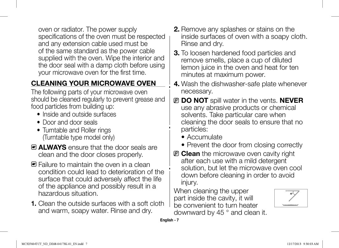 Samsung MC32F604TCT/ND manual Cleaning your microwave oven 