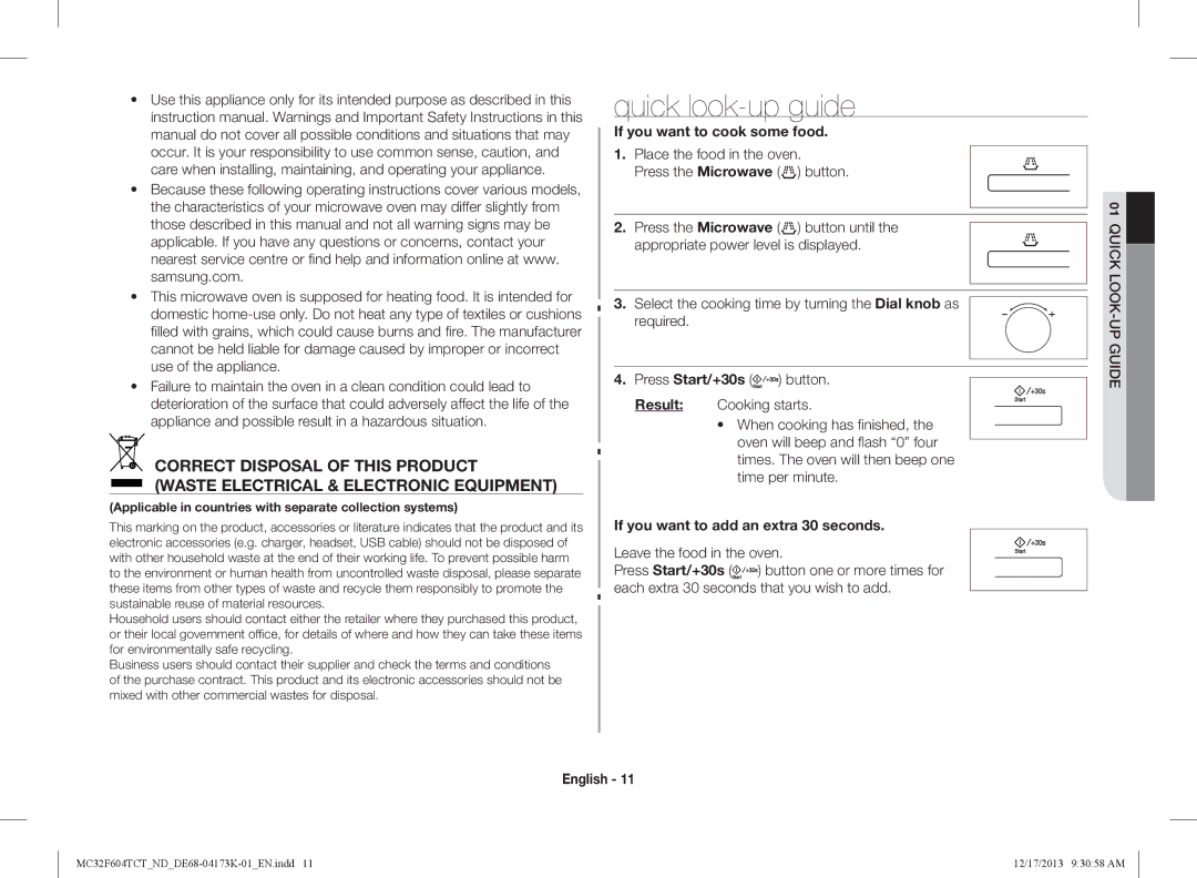 Samsung MC32F604TCT/ND manual Quick look-up guide, If you want to cook some food, If you want to add an extra 30 seconds 