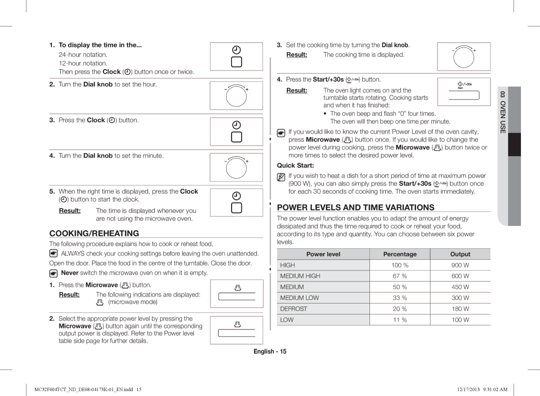 Samsung MC32F604TCT/ND manual Power levels and time variations, Cooking/Reheating 