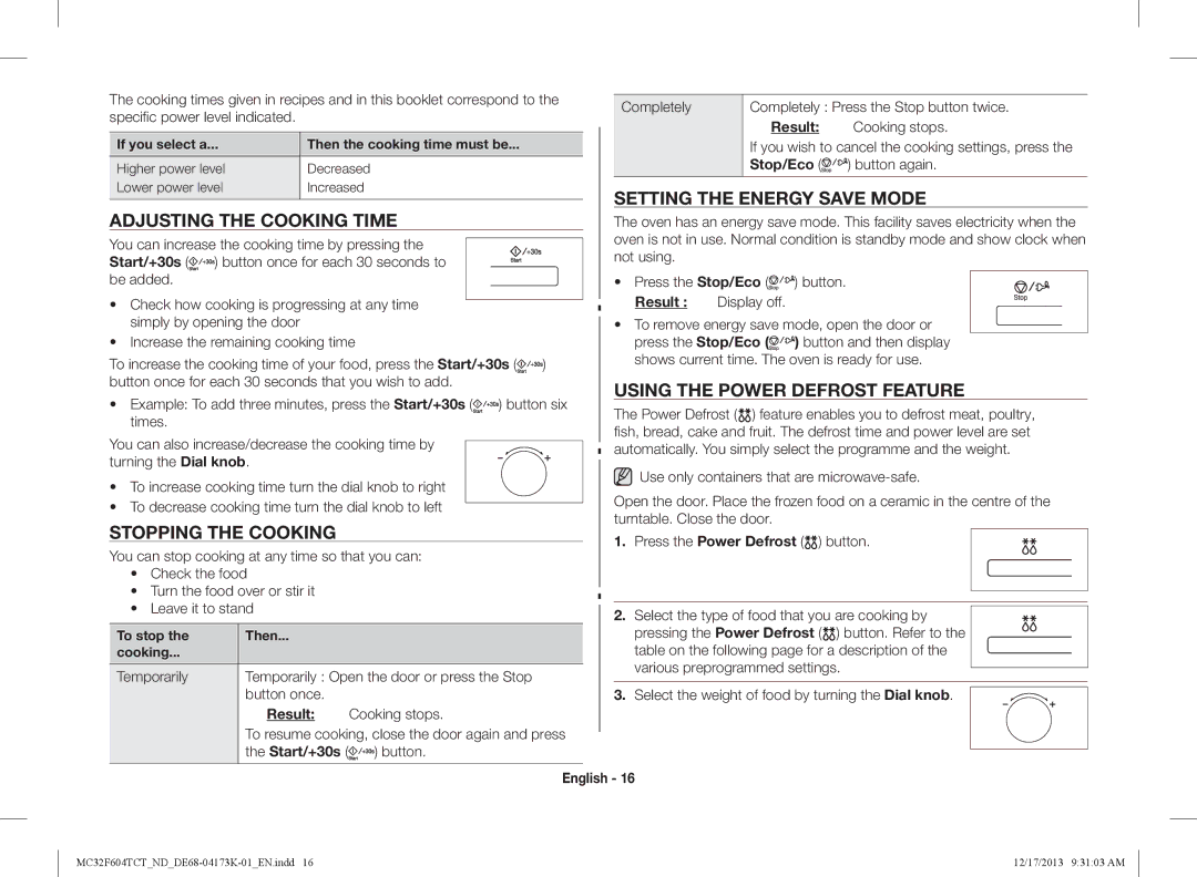 Samsung MC32F604TCT/ND manual Adjusting the cooking time, Stopping the cooking, Setting the energy save mode, Stop/Eco 