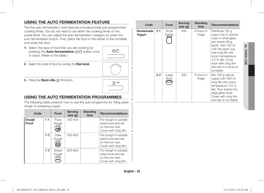 Samsung MC32F604TCT/ND manual Using the auto fermentation feature, Using the auto fermentation programmes 