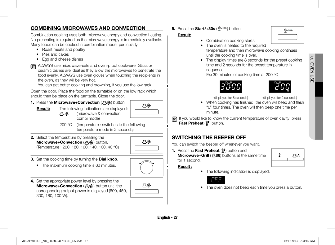 Samsung MC32F604TCT/ND manual Combining microwaves and convection, Switching the beeper off 