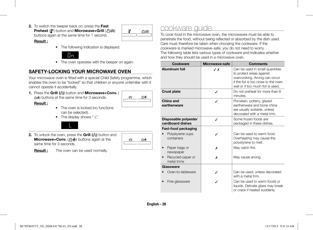 Samsung MC32F604TCT/ND Cookware guide, Safety-locking your microwave oven, To switch the beeper back on, press the Fast 