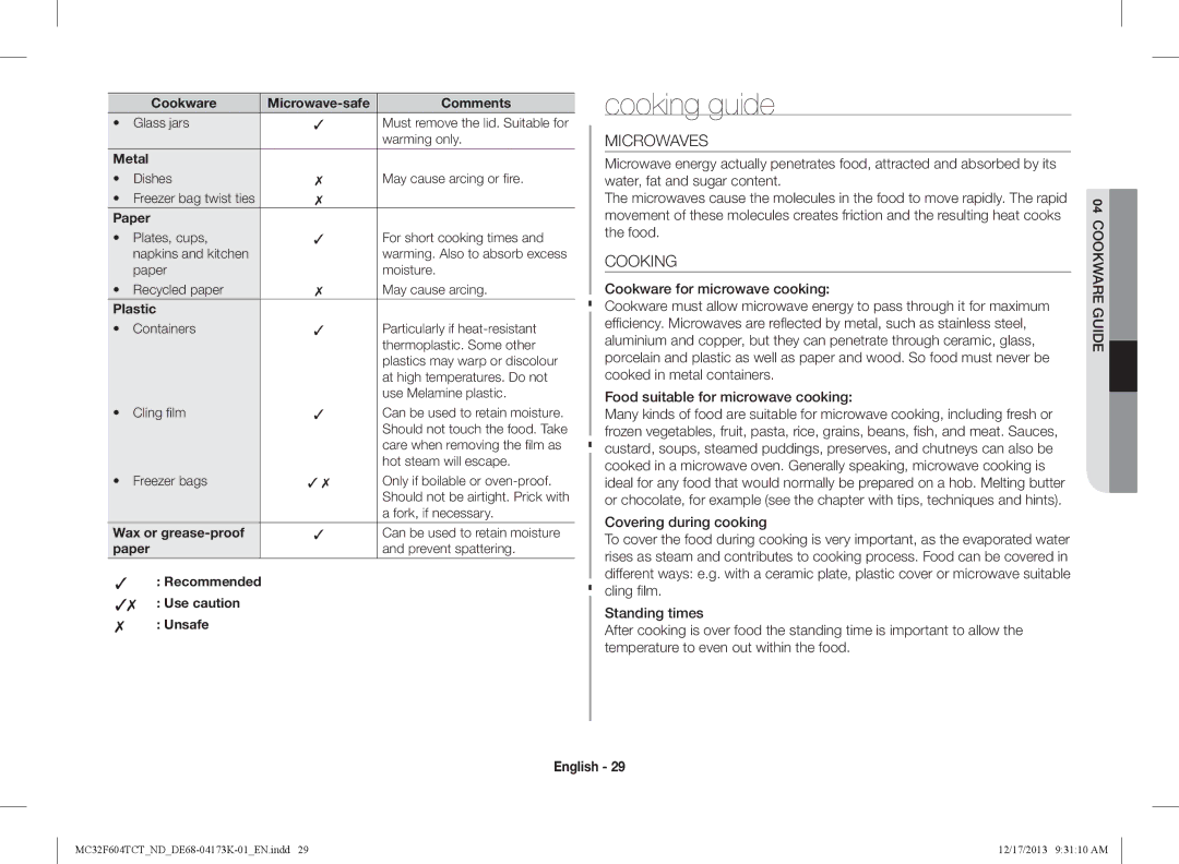 Samsung MC32F604TCT/ND manual Cooking guide, Microwaves, Cookware Guide 