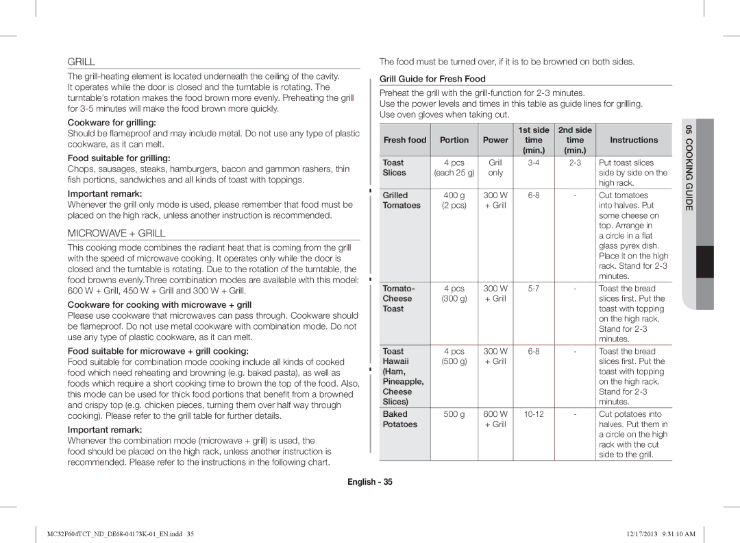 Samsung MC32F604TCT/ND manual Microwave + Grill, 1st side 2nd side Fresh food Portion, Time Instructions 
