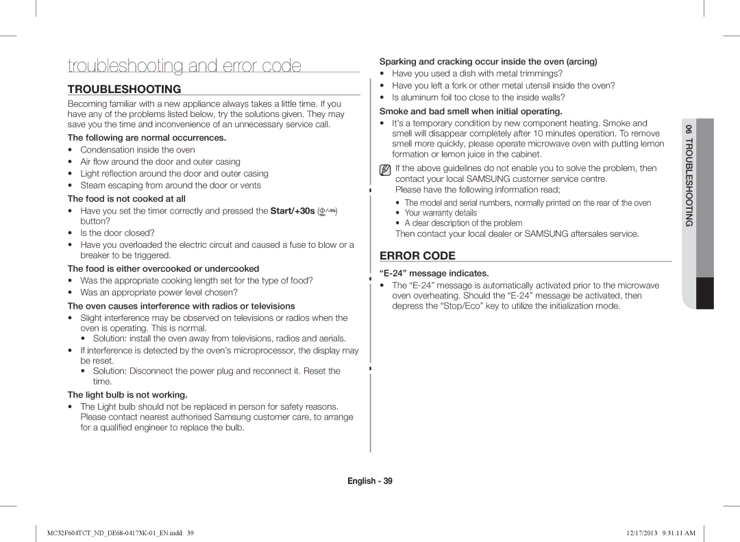 Samsung MC32F604TCT/ND manual Troubleshooting and error code, Error code, Message indicates 