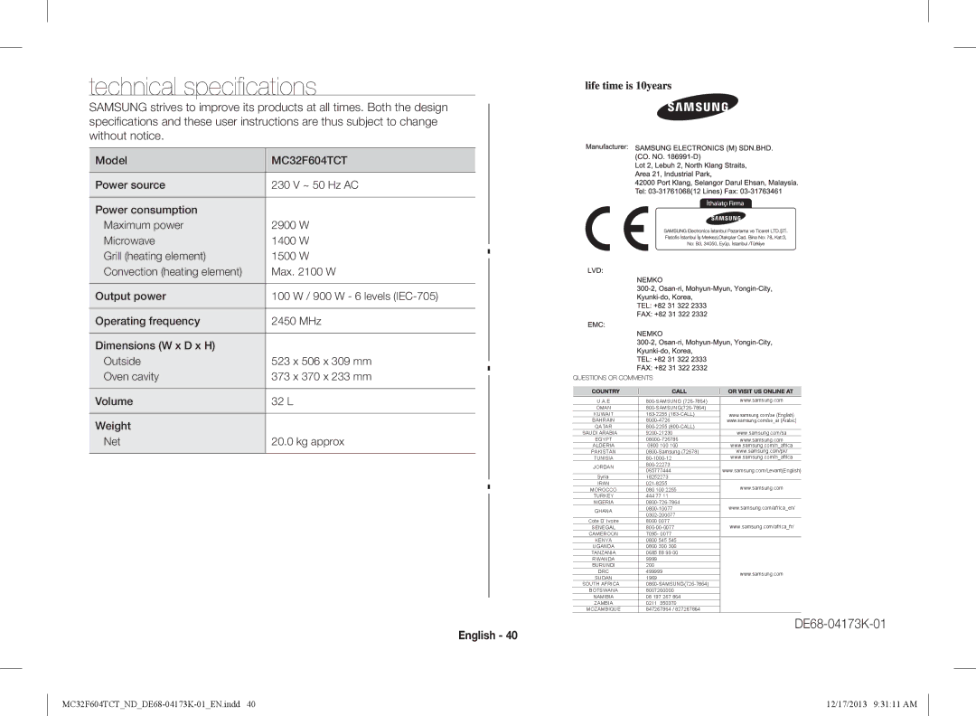 Samsung MC32F604TCT/ND manual Technical specifications, Pakistan 