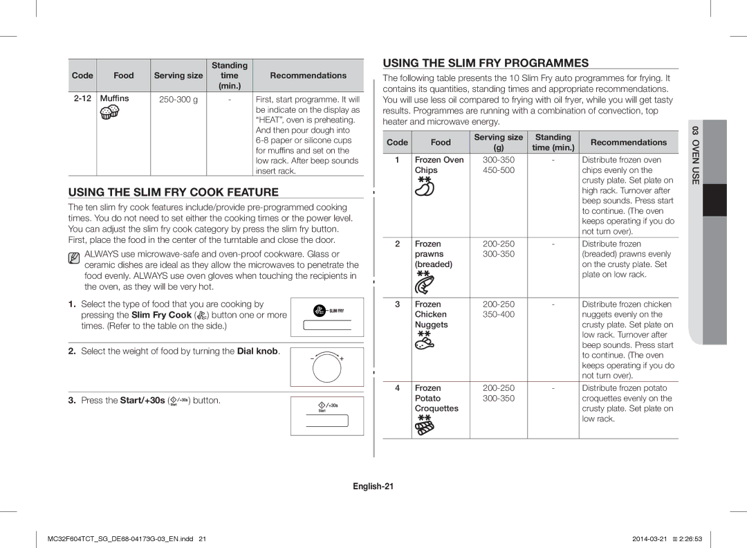 Samsung MC32F604TCT/SG manual Using the Slim FRY Cook Feature, Using the Slim FRY Programmes, English-21 