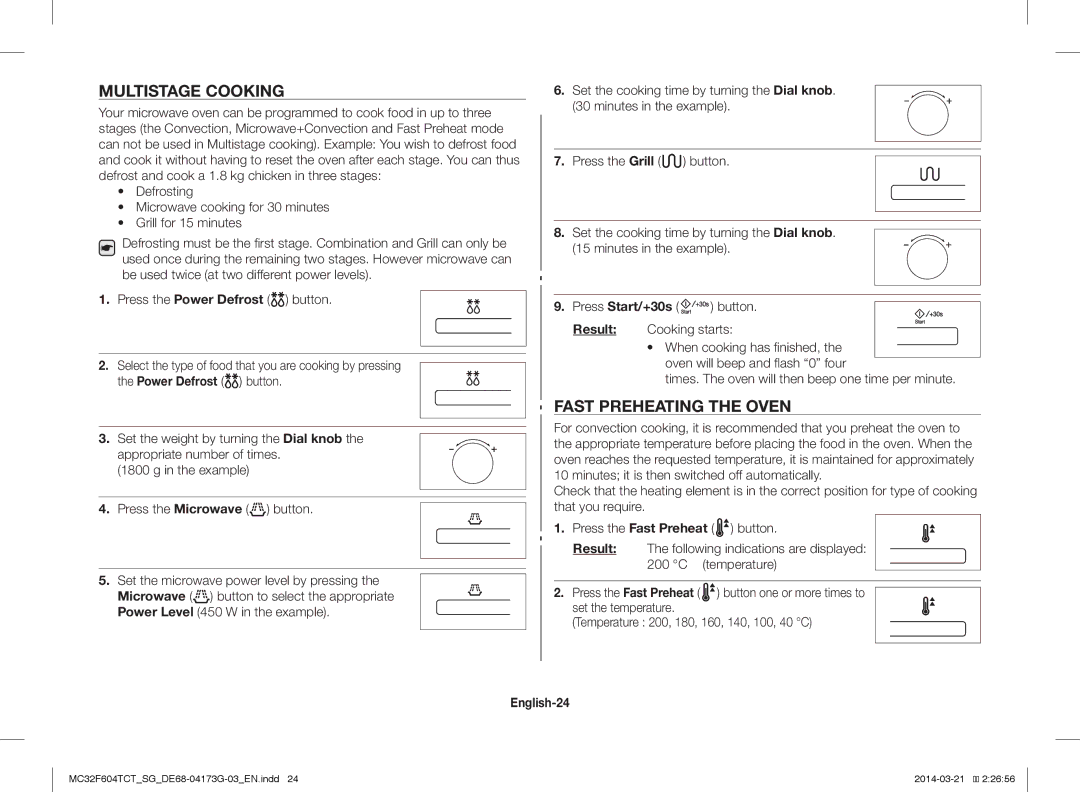 Samsung MC32F604TCT/SG manual Multistage Cooking, Fast Preheating the Oven, Temperature, English-24 