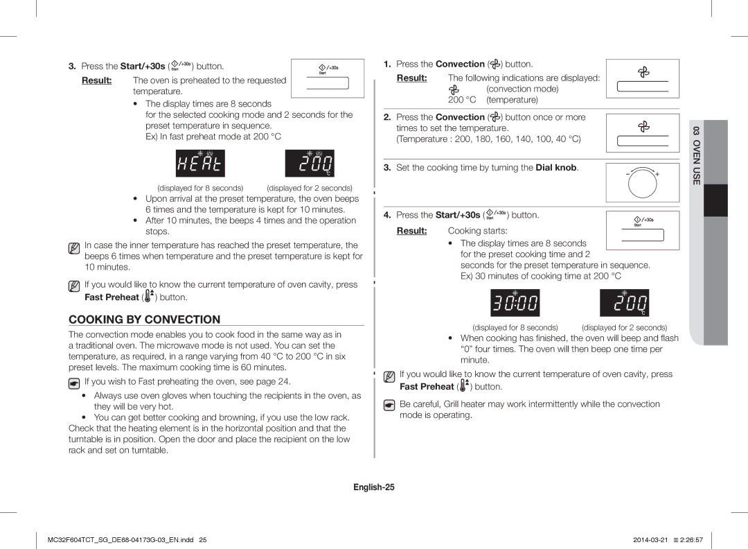 Samsung MC32F604TCT/SG Cooking by Convection, Fast Preheat button, Convection mode, English-25, Displayed for 8 seconds 