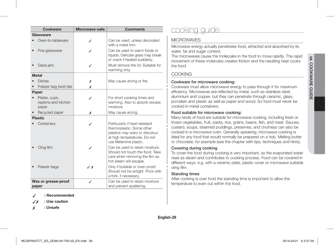 Samsung MC32F604TCT/SG manual Cooking guide, Microwaves, English-29 