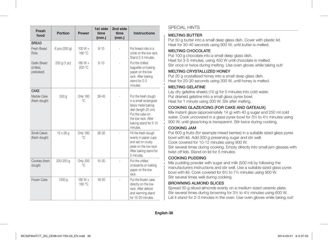 Samsung MC32F604TCT/SG manual Special Hints, Stir several times well during cooking, English-38 