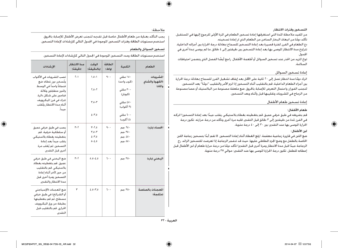 Samsung MC32F604TCT/SG manual ماعطلاو لئاوسلا ينخست, راظتنلاا تارتفو ينخستلا, لافطلأا بنل, 32 ةيبرعلا 