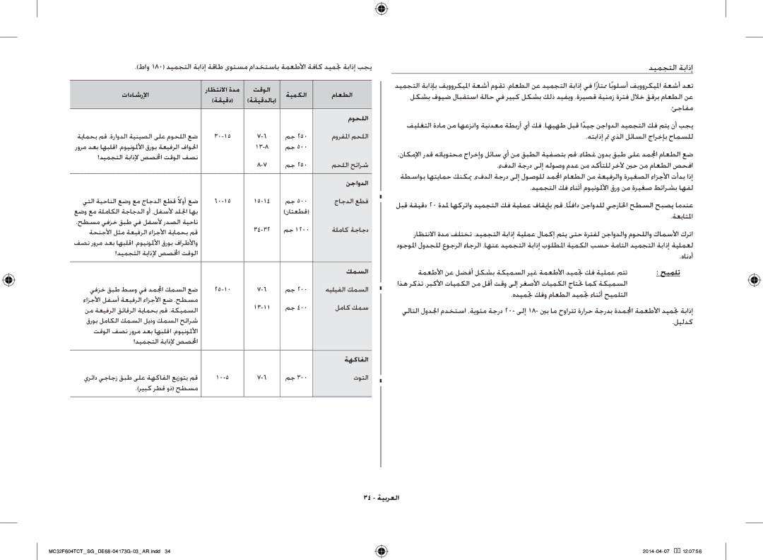 Samsung MC32F604TCT/SG manual 34 ةيبرعلا, ةهكافلا, حيملت 