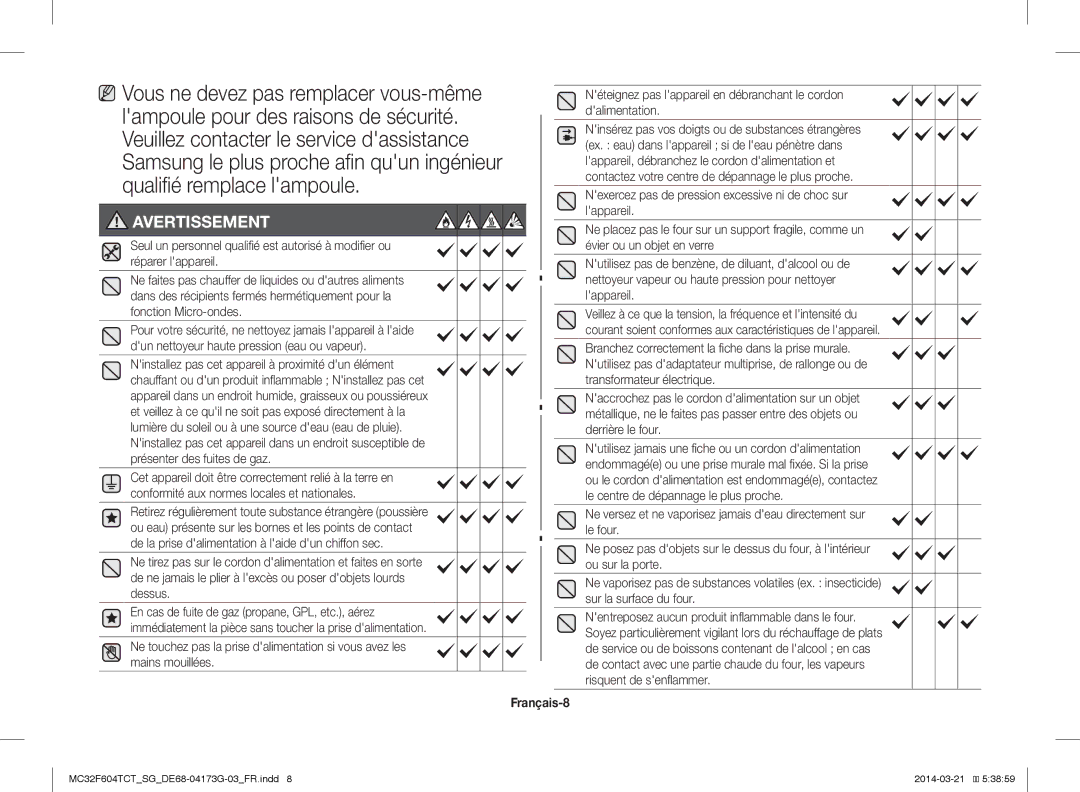 Samsung MC32F604TCT/SG manual Vous ne devez pas remplacer vous-même, Français-8 