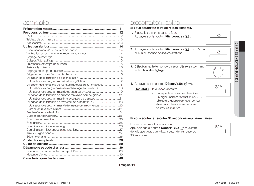 Samsung MC32F604TCT/SG manual Sommaire Présentation rapide, Le bouton de réglage, Français-11 