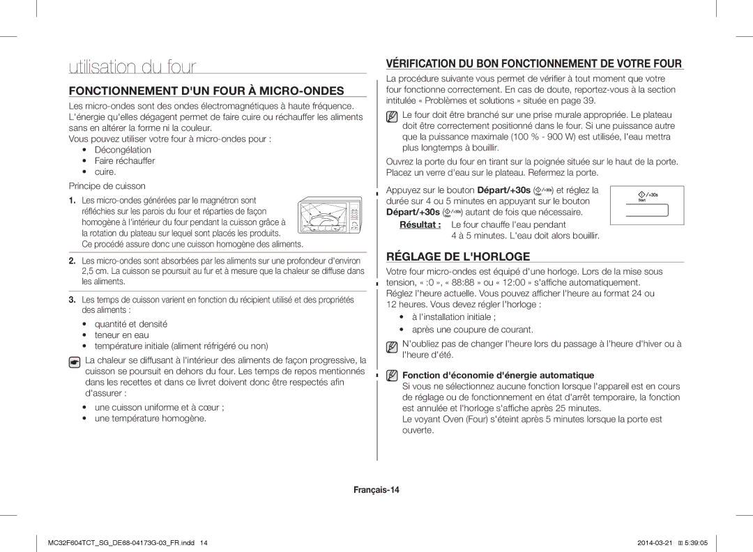 Samsung MC32F604TCT/SG manual Utilisation du four, Fonctionnement DUN Four À MICRO-ONDES, Réglage DE Lhorloge 