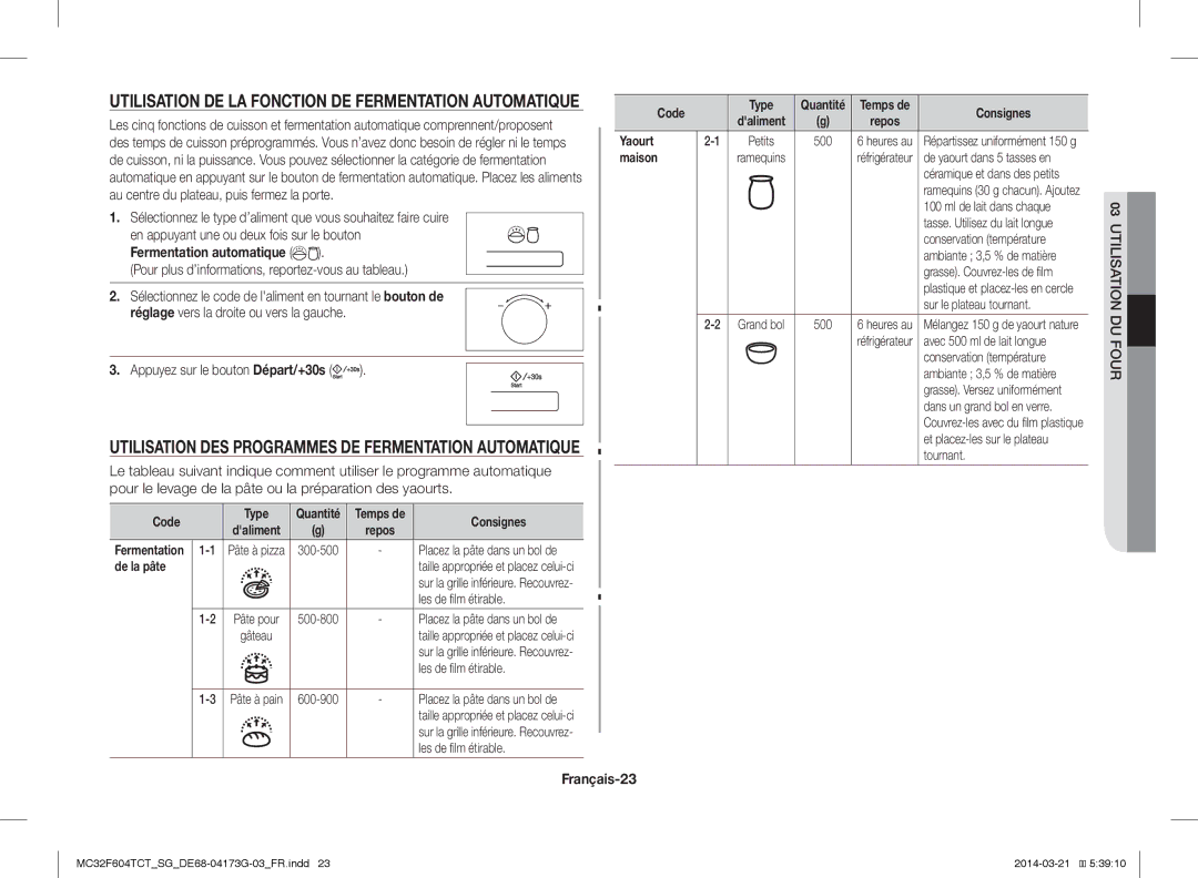 Samsung MC32F604TCT/SG manual Pour plus d’informations, reportez-vous au tableau, Français-23, De la pâte, Yaourt, Maison 