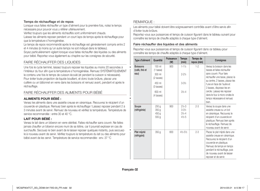 Samsung MC32F604TCT/SG manual Faire Réchauffer DES Liquides, Faire Réchauffer DES Aliments Pour Bébé, Remarque, Français-32 