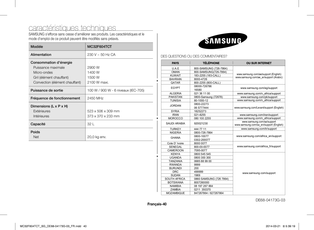 Samsung MC32F604TCT/SG Caractéristiques techniques, DE68-04173G-03, Français-40, Modèle, Convection élément chauffant 