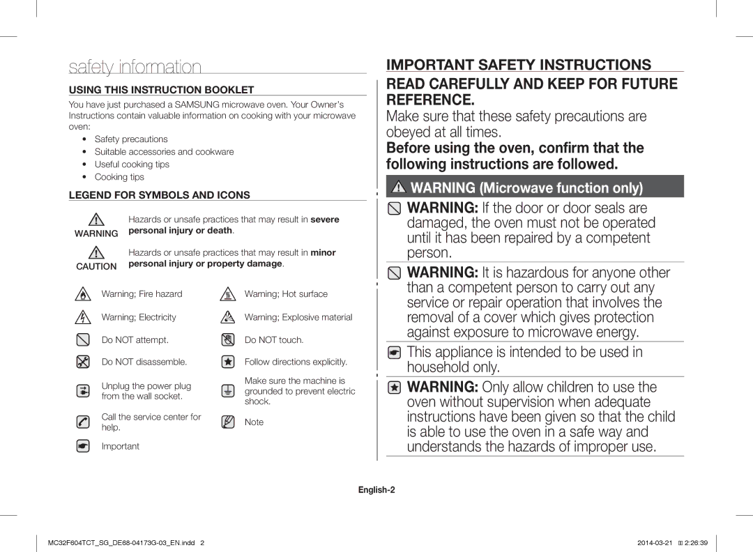 Samsung MC32F604TCT/SG manual Safety information, This appliance is intended to be used in household only, English-2 