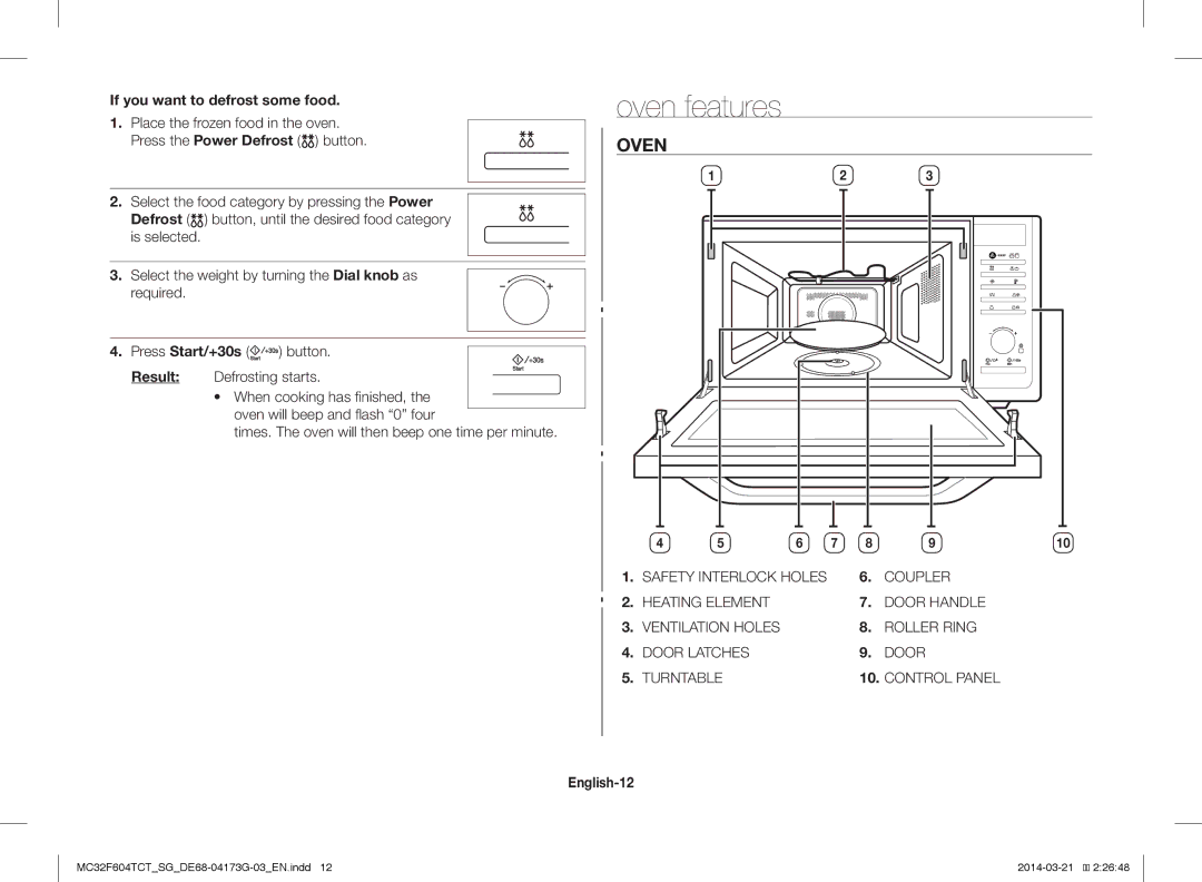 Samsung MC32F604TCT/SG manual Oven, If you want to defrost some food, Place the frozen food in the oven, Defrost 