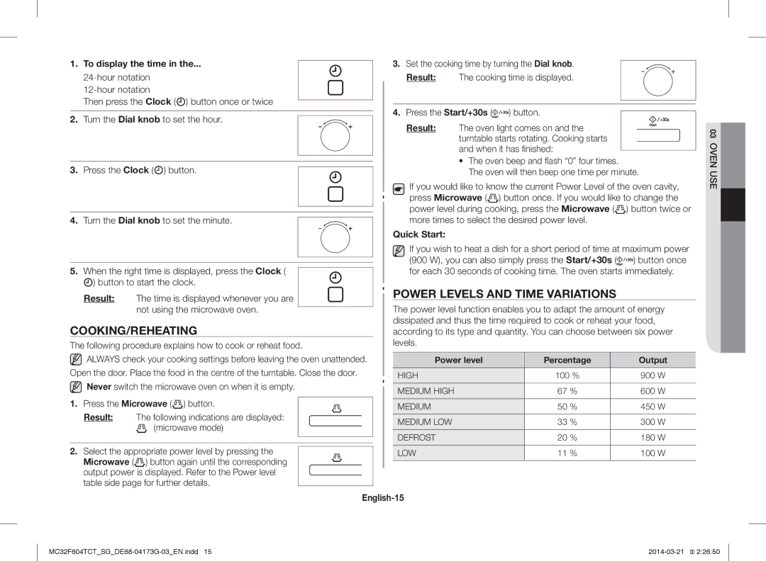 Samsung MC32F604TCT/SG manual Power Levels and Time Variations, Cooking/Reheating 