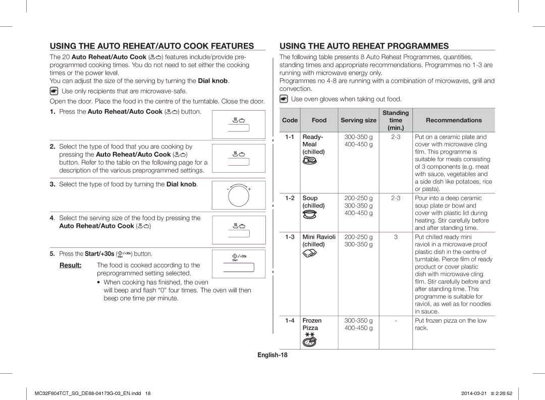 Samsung MC32F604TCT/SG manual Using the Auto REHEAT/AUTO Cook Features, Using the Auto Reheat Programmes, English-18 