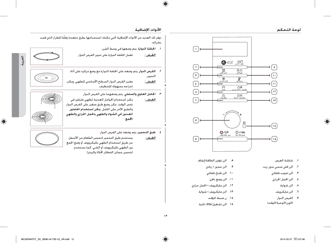 Samsung MC32F604TCT/ZA manual ةيفاضلإا تاودلأا, مكحتلا ةحول, نكيو ،يهطلل يساسلأا حطسلا راودلا صرقلا ربتعي, ضرغلا 