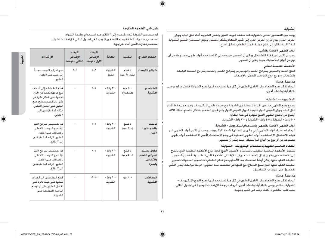 Samsung MC32F604TCT/ZA manual ةيبرعلا ةجزاطلا ةمعطلأا يش ليلد, يشلل ةبسانلما ةمعطلأا, ةماه ةظحلام 